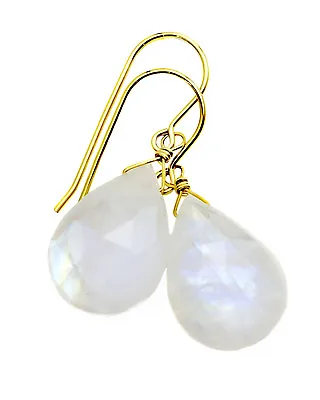 Moonstone Earrings Faceted Large Teardrops Sterling 14k Solid Yellow Gold Drops • $113