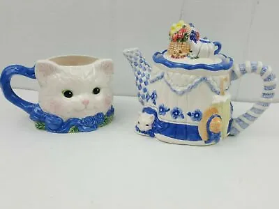 $32.99 • Buy Avon Blue Rose Collection Cat Teapot W/Cat Coffee Mug 1997