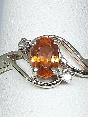 10K Solid Yellow Gold Ring With Mandarin Garnet And Diamonds • $135