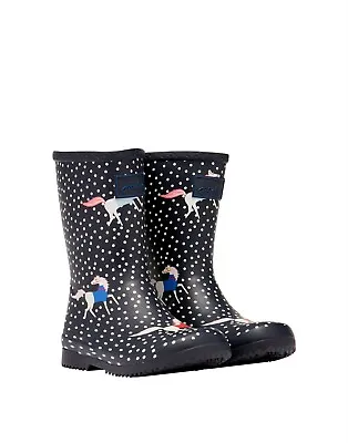 NEW! Joules Girls Roll Up Wellies Navy Horse Spot Print Size 8 - 13 • £19.96