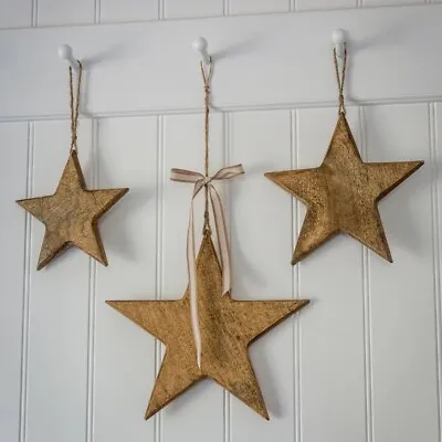 Natural Wooden Hanging Star Set Christmas Decorations Rustic Festive Home Decor • £17.99