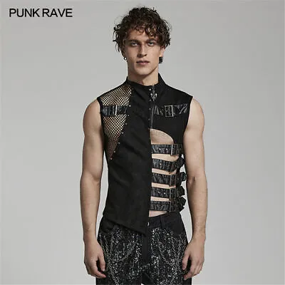 Punk Rave Men's Irregular Pu Splicing Hollow Out Mesh Waistcoat Sleeveless Vest • $103.39