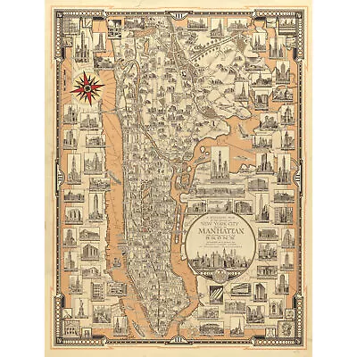 Chase 1939 Pictorial Map NY Manhattan Bronx XL Canvas Art Print • £19.99