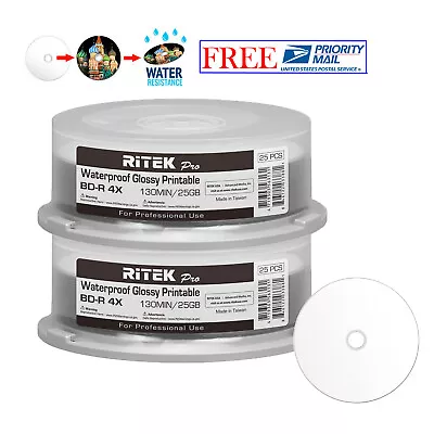 50 Ritek Pro BD-R 4X 25GB Water Resistant Glossy White Inkjet Hub Printable Disc • $52.99