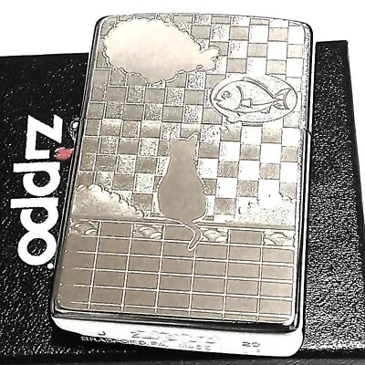 Zippo Oil Lighter Cat Cloud Fish Silver Plate Brass Regular Case New • £73.14