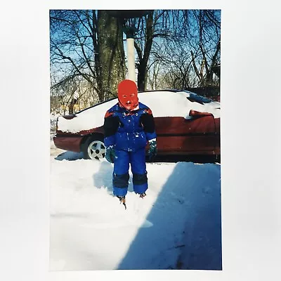 Snowsuit Ski Mask Kid Photo 1990s Y2K Winter Snow Red Car Child Snapshot A4008 • £17.30