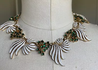 Vintage Designer Crown Trifari Gold Tone L’orient Green Cabochon Enamel Necklace • $799.99