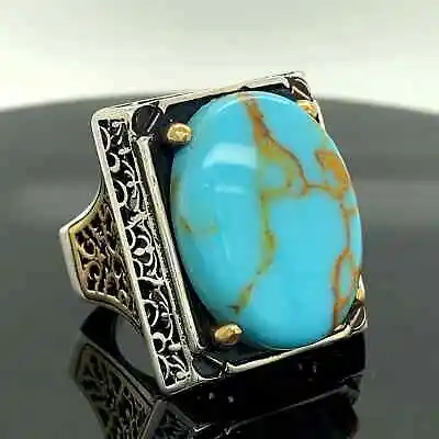 Mens Handmade Ring  Big Oval Turquoise Ring  Oval Gemstone Ring • $135