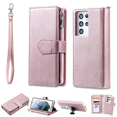 For Samsung S21 S10 S8 Two-in-one Zipper PU Leather Flip Wallet Case Phone Cover • $17.59