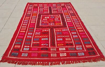 Authentic Hand Knotted Vintage Morocco Sumouk Kilim Wool Area Rug 4.9 X 3.3 Ft • $0.99