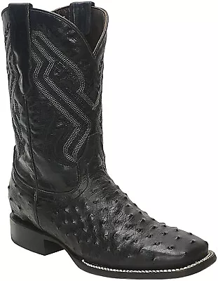 Men Ostrich Print Leather Handcrafted Western Wide Square Toe Black Cowboy Boots • $79