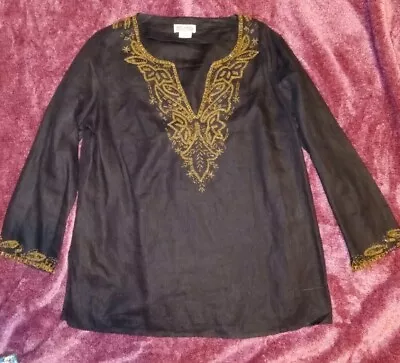 NWOT Michael Kors 100% Linen Top Tunic Black Beaded Neckline Sleeves L • $24.99