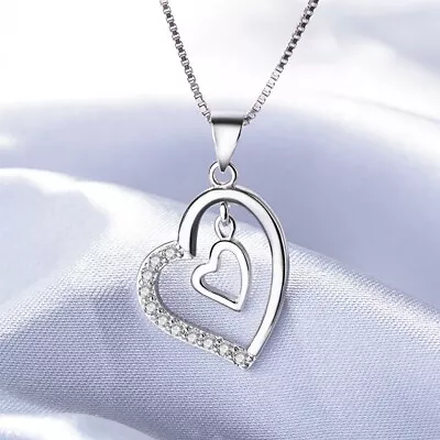 Double Heart Pendant 925 Sterling Silver Jewellery Necklace Chain Women Gift UK • £3.39