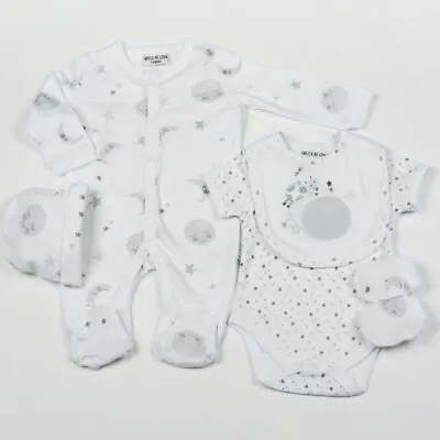 Baby 5 Piece Clothes Gift Layette Set Moon Stars Neutral White Grey 0-3-6-9 Mths • £18.95