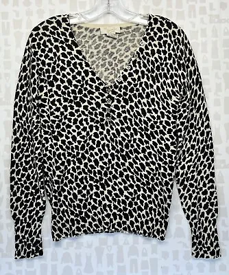 Mainbocher Women Black Cream Animal Print Long Sleeve 1/2 Button Sweater Size S • $10