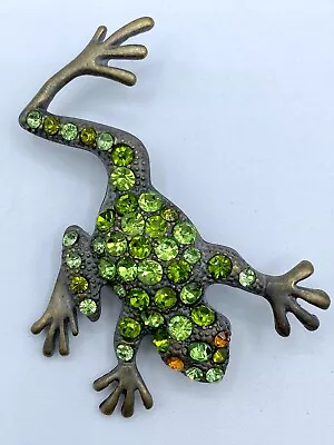 B2-477 Vintage Black Metal Brooch Pin 2.5  Animal Reptile Green Crystal Frog • $5.99