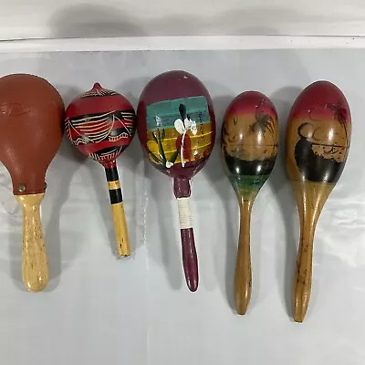 4 Wood Hand-Carved Maracas Mexico Haiti 1 CP Brand Also • $33.01