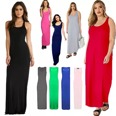 Womens Long Maxi Dress Ladies Plain Racer Muscle Back Vest Stretch Jersey 8-26 • £9.99