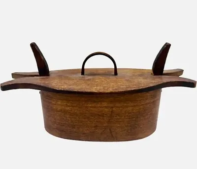 Antique Swedish Oval Tine Tina Lunch Box Snap Lid Carved Wooden Hardware 7.5”L • $240.89