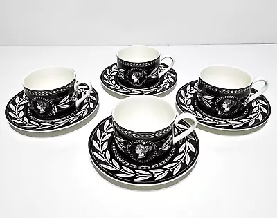 Set 4 Victoria Beale Porcelain Olympia Black Greek Cups & Saucers • $53.90