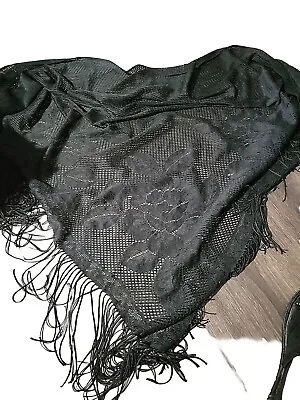 Black Fish Net Floral Lace Triangle Fringed Piano Shawl Wrap Around Vtg Boho • $26