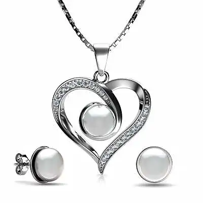 Pearl Jewellery Set Heart Necklace & Heart Earrings  Silver Pendat • £86