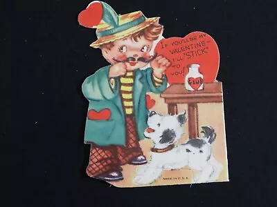 Vintage Valentines Day Card Die Cut Boy With Mustache Spotted Puppy C1663 • $6.27