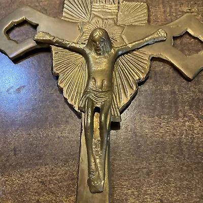 Vintage Solid Brass Crucifix Christ On Cross  H 10.5 In. W. 7.5  Made In India. • $19.25