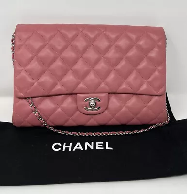 Chanel Pink Quilted Lambskin Jumbo Classic Flap Clutch Authentic • $4945.50