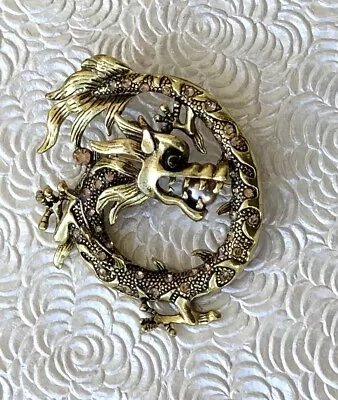 Vintage Style Large Dragon Brooch Gold  Tone Metal • $16.98