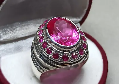 20 Carat Oval Cut Deep Pink Topaz Sterling Silver 925 Handmade Mens Big Ring • £115