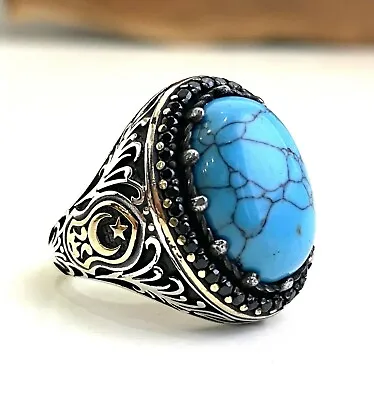 Unique Mens Ring Vintage Turquoise Stone Vintage Style Mens 925 Sterling Silver  • $99