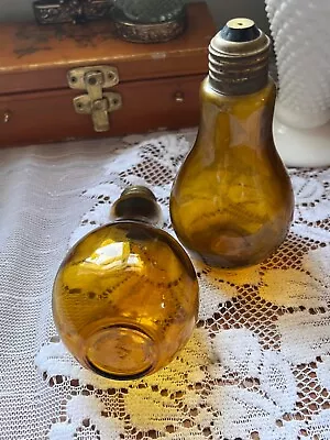 Vintage Amber Glass Light Bulb Salt & Pepper Shakers 5.5”- Marked Made In Japan • $11