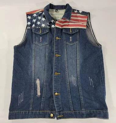 Tang Ku Mens Dark Denim Vest Sz 5XL (US XL) Distressed American Flag USA NWOT • £34.16