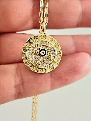 Eye Of Horus Gold Coin Necklace Egyptian Lucky Charm Gold Coin Pendant Pave CZ  • £17.49