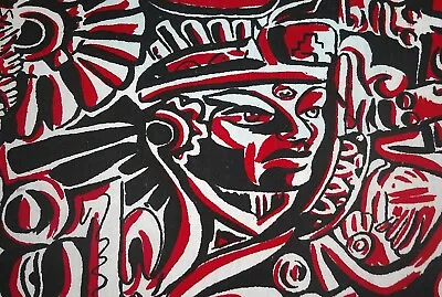 2.75 Yards Red Black Aztec Mayan Gods Godesses Fabric ~ Block Print ~ Mexico • $54