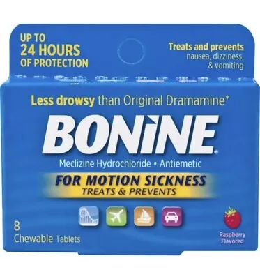 Bonine Motion Sickness Chewable Tablets Raspberry Flavored 3/24 • $7.99