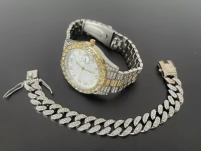 Iced Out Hip Hop Watch Set Wristwatch & Bracelet Set Gold & Silver • £24.99