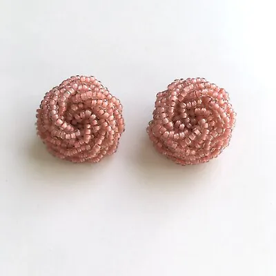 Vintage Clip-On Earrings Pink Seed Beads Swirl Mid Century Plastic Unmarked • $14.50