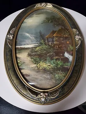 C1880's Antique Oval Convex Bubble Glass Portrait Gold Wood  Frame 23”x 15  VGC. • $199