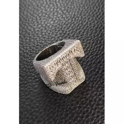 925 Silver 3.15ct Baguette Simulated Diamond Mens Custom T Letter Ring Free Stud • $341.99