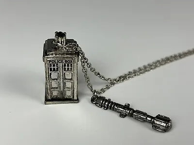 Doctor Who Dr. Who Tardis Police Box & Sonic Screwdriver Pendant Necklace 20” • £16.89