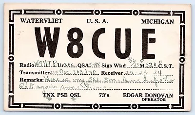 QSL CB Ham Radio Card W8CUE Opr. 'Edgar Donovan' Watervliet Michigan MI 1932 • $5