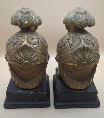 Vintage Pair Of Borghese Bookends Roman Helmets ~ Gilded ~ Shabby Chic Italy • $90
