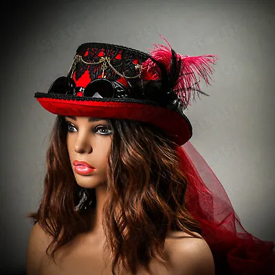 RED Steampunk Burning Man Women Top Hat With Goggles And Lace Party Head Gear • $38.99