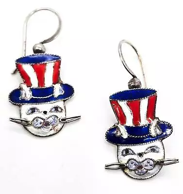 Zarah Patriotic Red White & Blue White Cat Top Hat Sterling Silver Earrings • $22