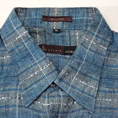 Jade Blue Linen Size 46 Large Mens Blue Plaid Button Shirt Short Sleeve • $19.99