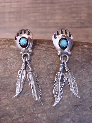 $49.99 • Buy Navajo Sterling Silver Turquoise Bear Paw Feather Post Earrings - Spencer