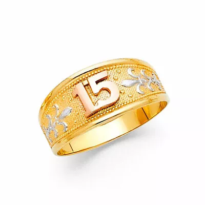 14k Real Two Tone Solid Gold Quince 15 Años Quinceañera Ring Oro Solido Anillo • $251.98