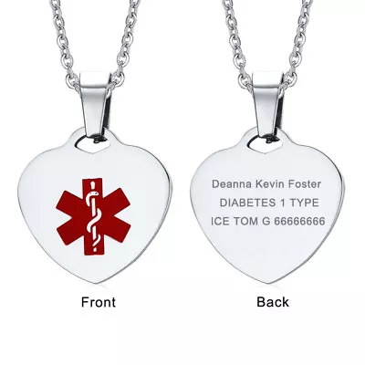 Medical Alert ID Women Men Heart Tag Necklace Pendant Chain DIY Custom Engraving • $4.99